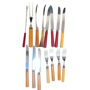 Vtg Mixed Lot Bakelite Flatware Butterscotch Yellow Cherry Red 15Pc MCM Art Deco